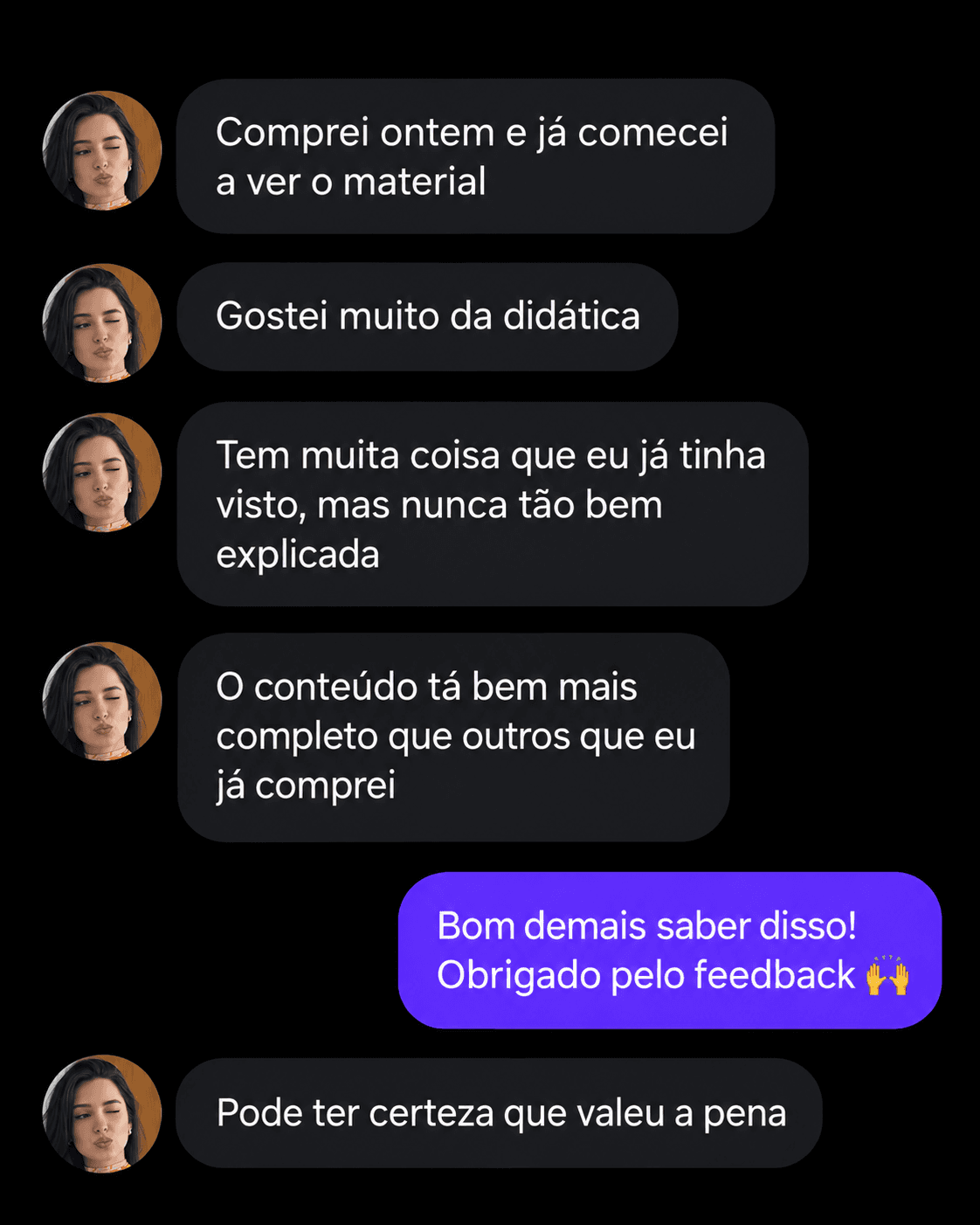 Print de feedback sobre a didática e a abrangência do material
